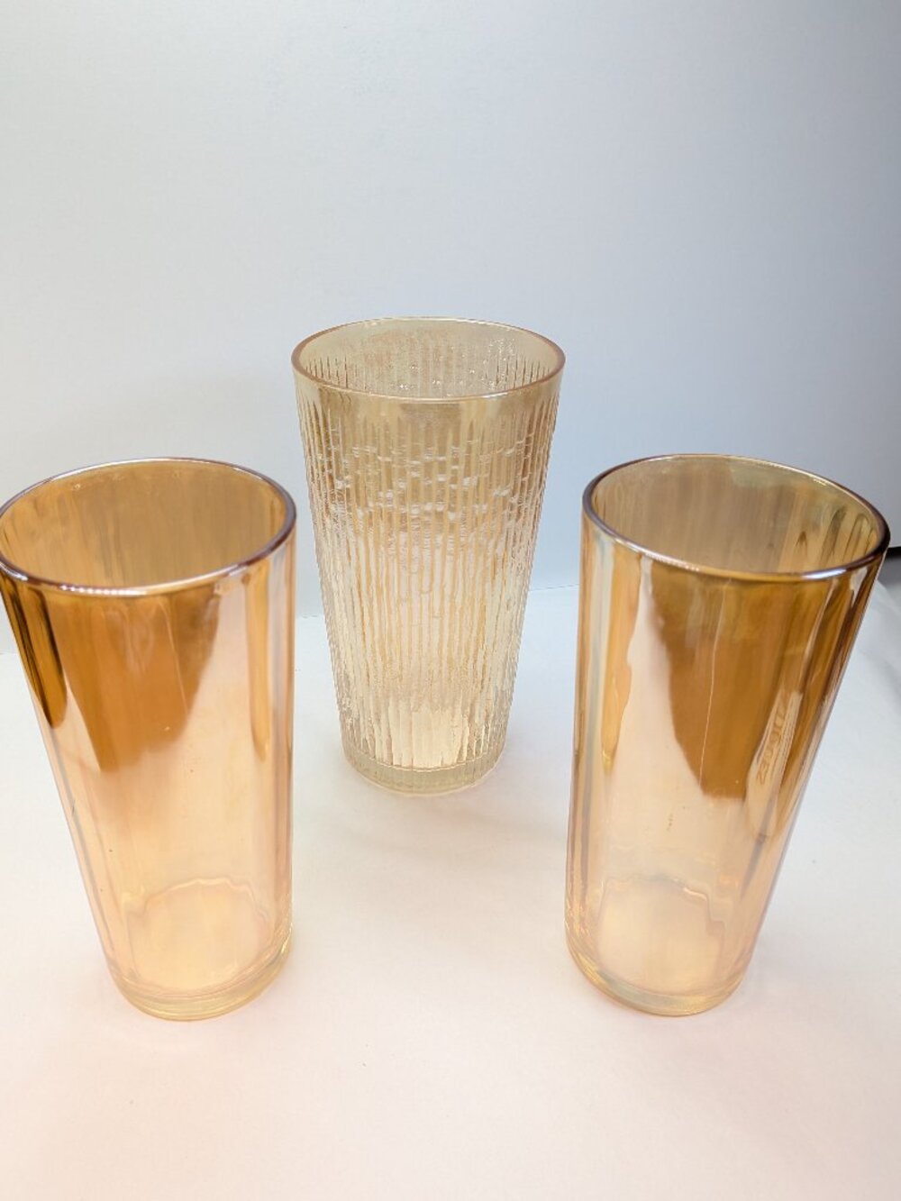 Vintage MCM Tan Marigold Iridescent Glass Tumbler Trio - 3 Pc Mixed Texture Set